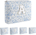 Alphabet Makeup Bag Cosmetic Bag for Women, Christmas Gifts for Age 11-18, Personalized Floral Coquette Travel Bag, Trendy Stuff Zipper Make Up Pouch Organizer Bag (Blue Floral A)