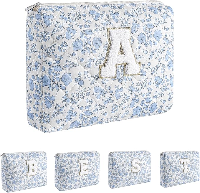 Alphabet Makeup Bag Cosmetic Bag for Women, Christmas Gifts for Age 11-18, Personalized Floral Coquette Travel Bag, Trendy Stuff Zipper Make Up Pouch Organizer Bag (Blue Floral A)