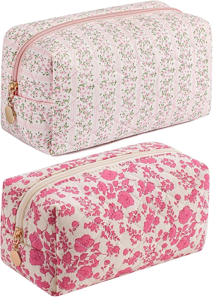JOVAKIT Square Makeup Bag Cute Cosmetic Bag for Women, Floral Coquette Aesthetic Toiletry Bag, Zipper Make Up Pouch, Travel Make Up Organizer Bag (Pink+Bright Red Floral)