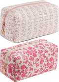 JOVAKIT Square Makeup Bag Cute Cosmetic Bag for Women, Floral Coquette Aesthetic Toiletry Bag, Zipper Make Up Pouch, Travel Make Up Organizer Bag (Pink+Bright Red Floral)