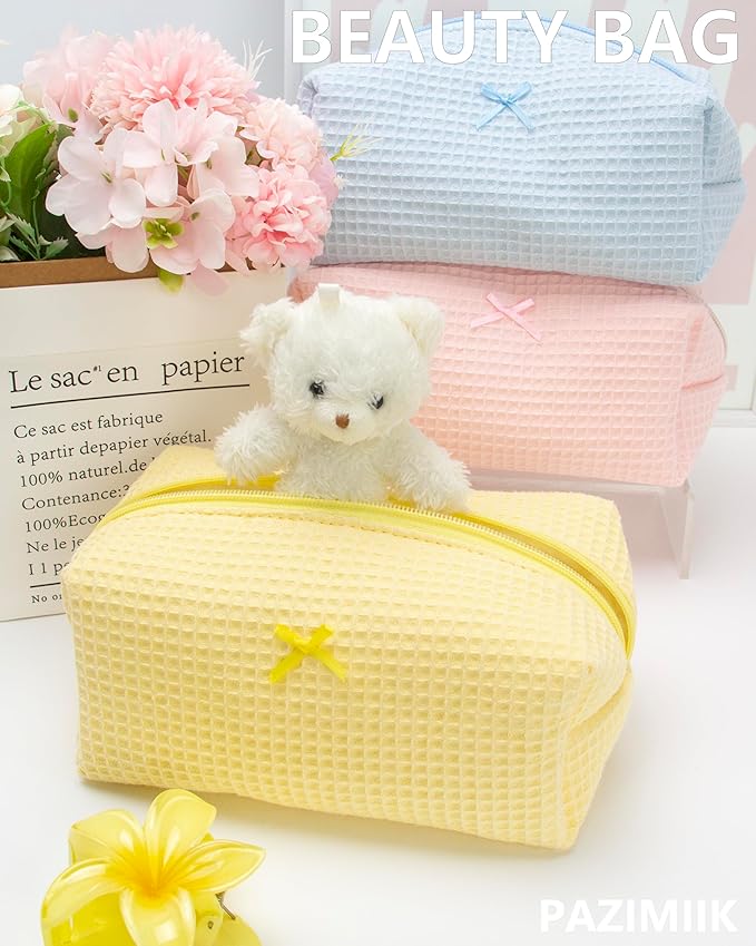 PAZIMIIK 6PCS Cozy Makeup Bag Travel Cosmetic Bag for Women Soft Toiletry Bag Aesthetic Makeup Organizer Portable Large Zipper Pouch for Skincare Beauty Accessories Brushes Waffle Check Yellow
