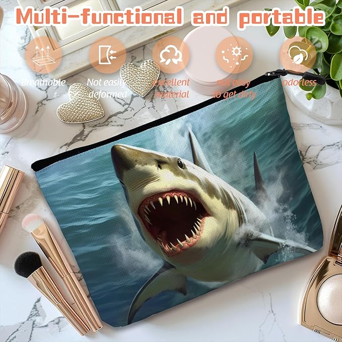 Cosmetic Bags Travel Makeup Toilet Case Waterproof Pouch for Women Girls 6.7X9.45inches - Close - Up of A Great White Shark With Open Mouth