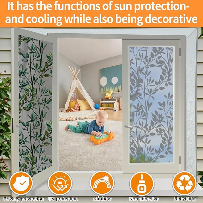 One Way Privacy Film, Window Tint for Home,Daytime Reflective, Anti UV Static Cling Sliding Door Coverings No Glue Garage Solar Paper (Black - Silver-Leaves, 17.5 x 78.7 in)