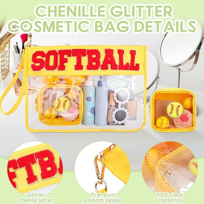 Hillban 2 Pcs Softball Gifts for Girls Snack Goodie Bags Stuff Softball Accessories for Women Makeup Cosmetic Bags Toiletry Zipper Clear Pouch Chenille Letter Travel Purse Sport Party Storage Case