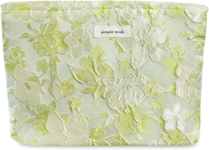 STARDW Aesthetic Floral Makeup Bag Cute Small Cosmetic Bags for Women Girls, Travel Toiletry Bag Large Capacity Zipper Makeup Pouch, Purse Organizer Pouches (Embossed green)