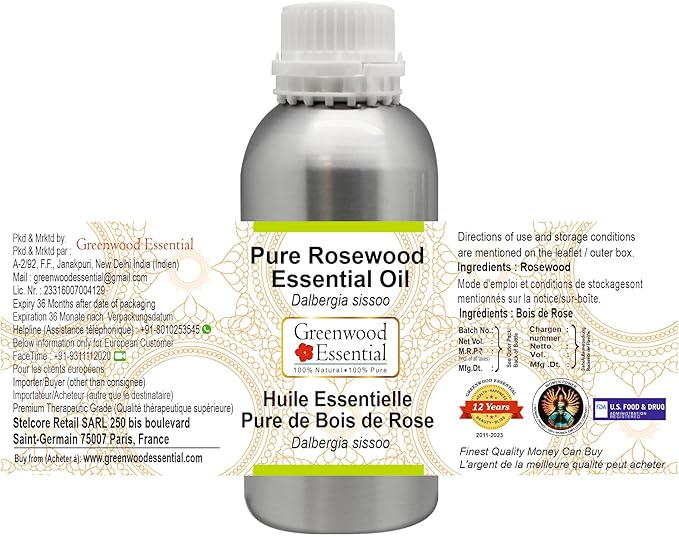 Greenwood Essential Pure Rosewood Essential Oil (Dalbergia Sissoo) Steam Distilled 300ml (10.1 oz)