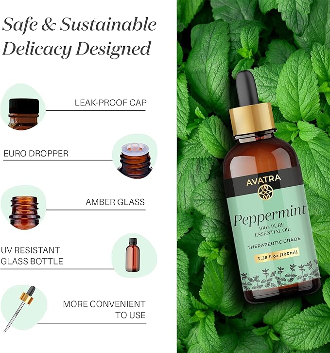 Avatra Peppermint Essential Oil 100ML (3.38 OZ) with Glass Dropper and Travel Bottle, Pure and Natural Therapeutic Grade Peppermint Oil for Diffuser, Aromatherapy, Massage, and DIY Candle Products