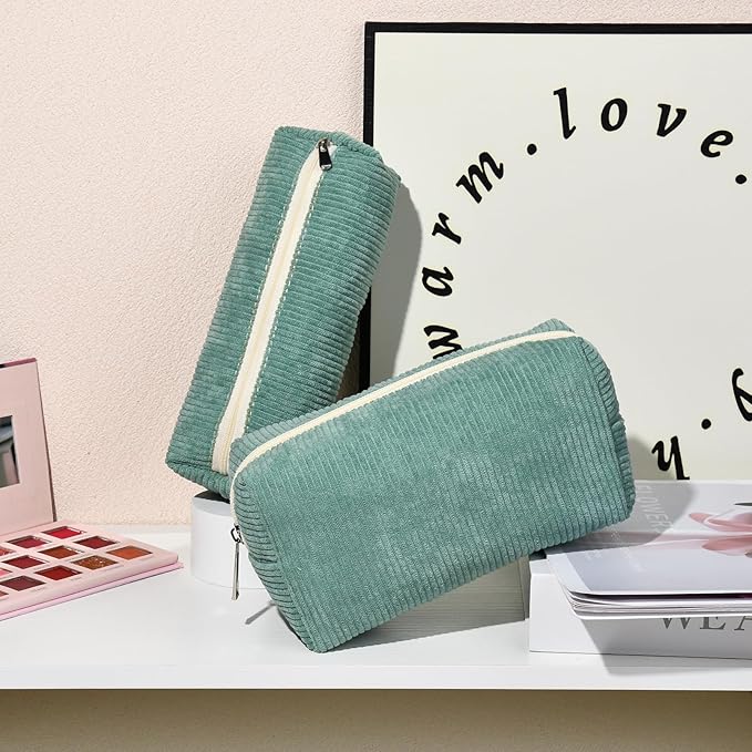 SOIDRAM Makeup Bag Corduroy Cosmetic Bag Cute Green Makeup Pouch 1Pcs Large Capacity Makeup Bags and 1Pcs Makeup Brushes Storage Bag Travel Toiletry Bag Organizer