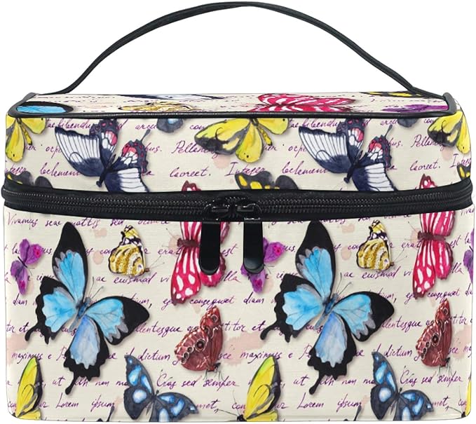 Makeup Bag, Vintage Butterfly Hand Written Text Travel Makeup Organizer Bag Cosmetic Cases Toiletry Bags for Girl Women Ladies