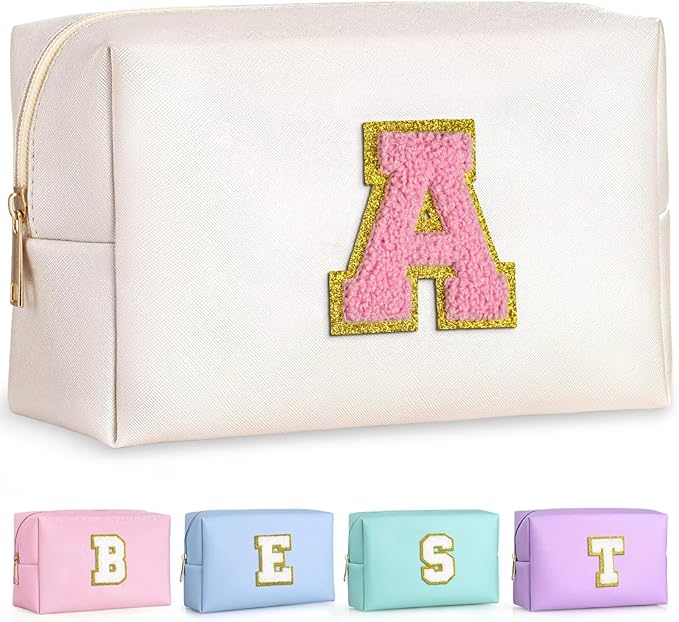 TOPEAST Makeup Bag for Women Teen Girls - Birthday Gifts for 7 8 9 10 11 12 Year Old Girls, Cosmetic Bag Initial Toiletry Pouch (White A)