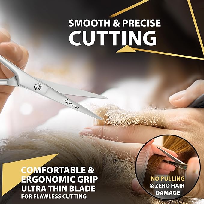 Ruvanti Hair Cutting Scissors - Professional Barber Shears For Salon & Home Use, Sharp Durable Stainless Steel Blades, Comfortable Grip Handles, Includes Case - Tijeras De Peluquería Profesional