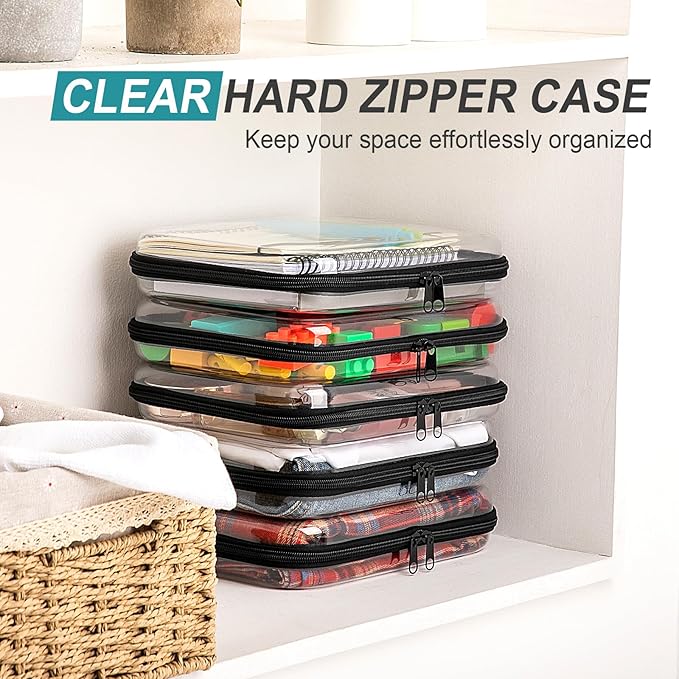 Sanwuta 6 Pcs Clear Hard Zipper Case Hard Plastic Zipper Pouches Makeup Bag Pencil Pouches Transparent Cases for Snacks Plastic Storage Organizer Box for Travel(Black,9.84 x 7.87 x 2 Inch)