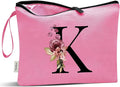 Vavabox A-Z Personalized Makeup Bag, Birthday Gifts for Women Mom, Gifts for Best Friend, Bride Bridesmaid Cosmetic bag (K, Peach)