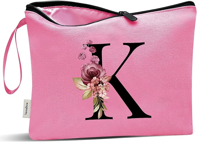 Vavabox A-Z Personalized Makeup Bag, Birthday Gifts for Women Mom, Gifts for Best Friend, Bride Bridesmaid Cosmetic bag (K, Peach)