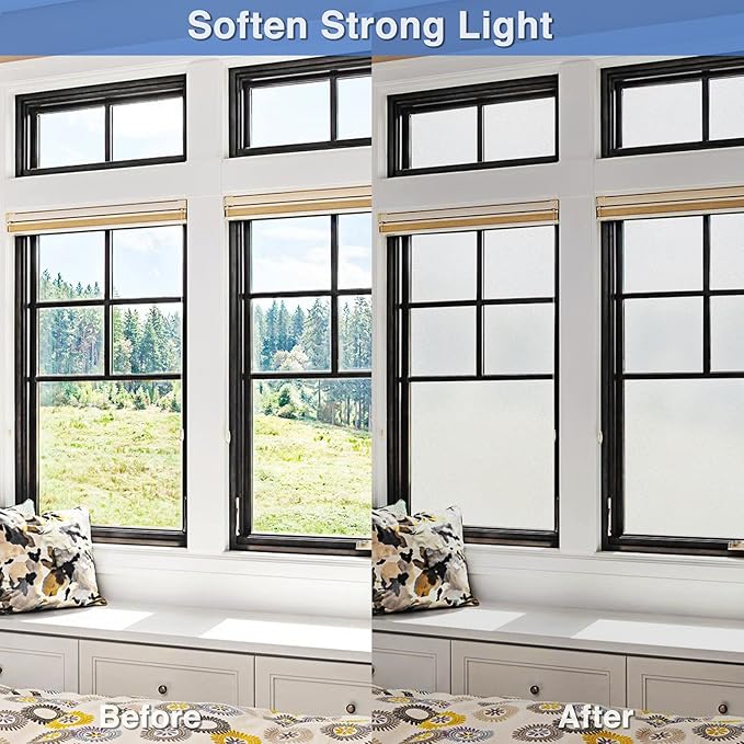 Volcanics Frosted Glass Window Privacy Film with Installation Tools, Removable Static Cling Bathroom Window Film, Heat Control UV Blocking, Peep-Proof, Ideal for Home Office 23.6 x 78.7 Inches
