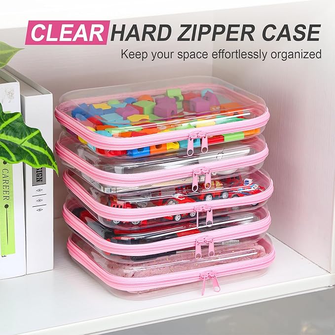 Sanwuta 6 Pcs Clear Hard Zipper Case Hard Plastic Zipper Pouches Makeup Bag Pencil Pouches Transparent Cases for Snacks Plastic Storage Organizer Box for Travel(Pink,9.84 x 7.87 x 2 Inch)
