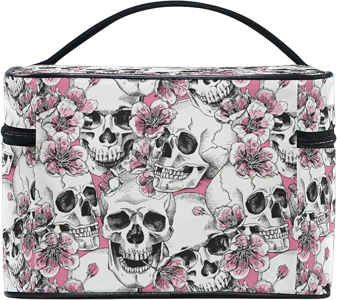 Makeup Bag, Halloween Skull Flowers And Pink Cherries Travel Makeup Organizer Bag Cosmetic Cases Toiletry Bags for Girl Women Ladies