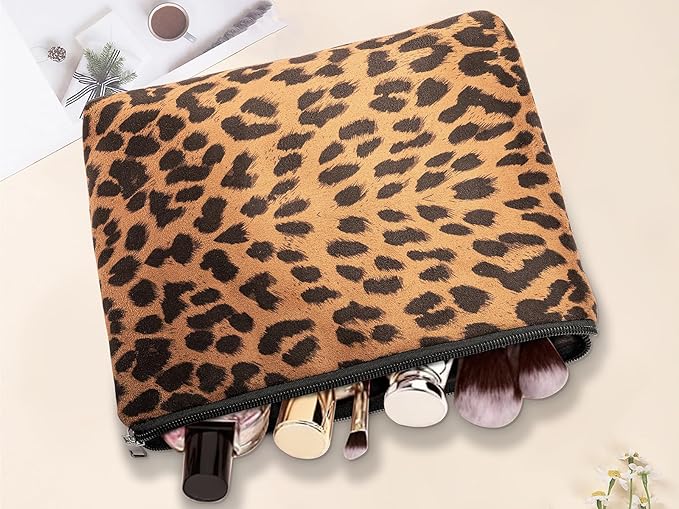 Makeup Bag For Women - Soft and Warm Material Cosmetic Bags Leopard Print Design Ladies Tote Bag,Women's Pencil Case Makeup Organizer with Zipper (Brown)
