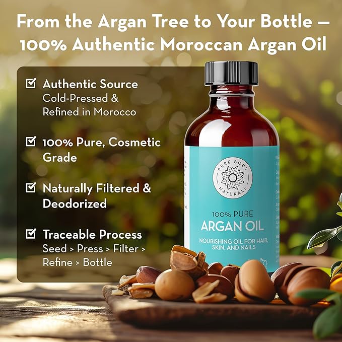 Pure Body Naturals Argan Oil for Skin and Face - 4 fl oz Cold Pressed, Light, Non-Greasy, Nourishing Pure Argan Oil for Hair - Aceite de Argan
