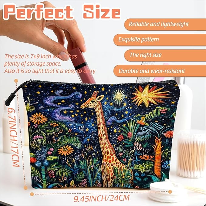 Cosmetic Bags Travel Makeup Toilet Case Waterproof Pouch for Women Girls 6.7X9.45inches - Giraffe in A Starry Jungle in A Colorful Illustration