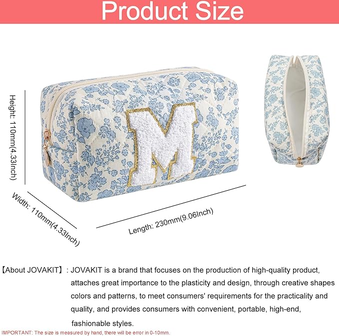 JOVAKIT Makeup Bag Cosmetic Bags for Women, Christmas Gifts for Girls Age 6-18, Alphabet Pink Floral Coquette Zipper Travel Makeup Pouch, Organizer Case Trendy Stuff (Pink+ Blue M)