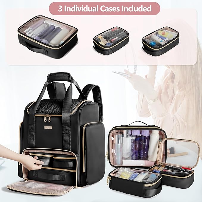 Large Makeup Backpack with 3 Clear Makeup Bags, Double Layers Professional Makeup Travel Case with Brushes Storage Section for Makeup Artists