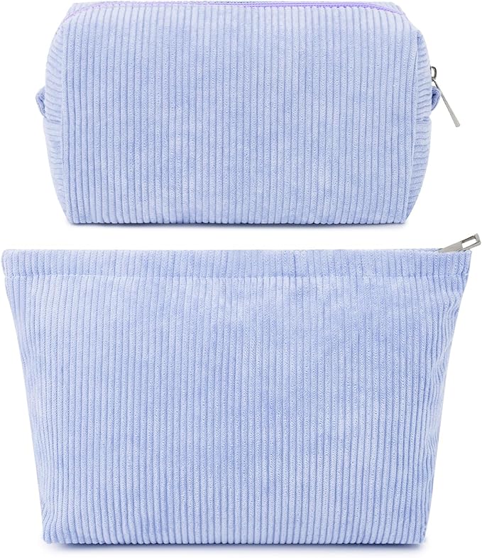 SOIDRAM 2 Pcs Corduroy Makeup Bag Large Cosmetic Bag Toiletry Bag Makeup Pouch Travel Bag Organizer Cute Makeup Brushes Aesthetic Accessories Storage Bag for Women Blue