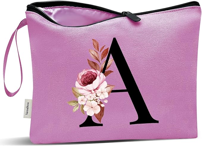 Vavabox A-Z Personalized Makeup Bag, Birthday Gifts for Women Mom, Gifts for Best Friend, Bride Bridesmaid Cosmetic bag (A, Purple)