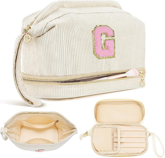 Makeup Bag for Girls Gift, Personalized Christmas Gifts Initial Women Makeup Bag for Travel, Double Layer Cosmetic Bag with Brush Organizer Preppy Make up Bag for Teen Girl Trendy - G