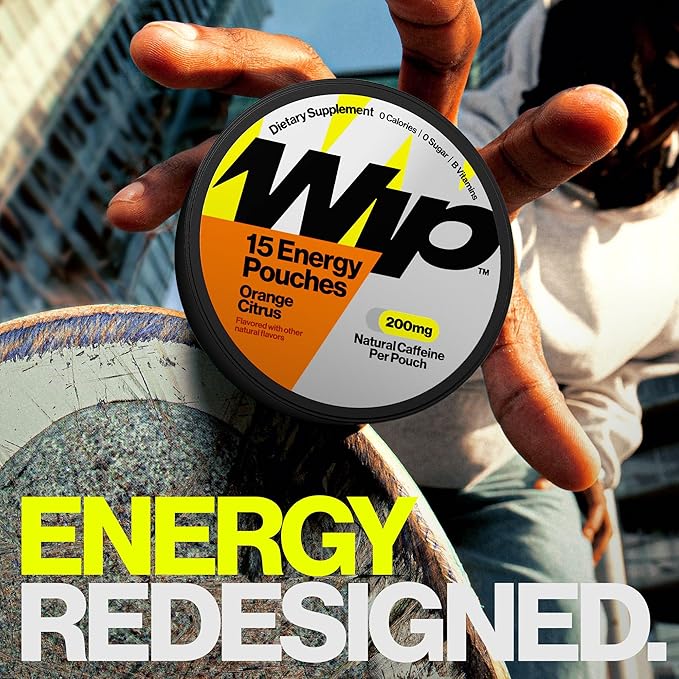 Wip Energy Pouches | 200mg Natural Caffeine | Vitamins and Minerals | Orange Citrus | 15 Pouches Per Can | 1 Can