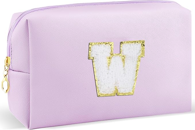 Gifts for Girls Initial Makeup Bag Personalized Cosmetic Bag with Zipper Cute Travel Toiletry Bag Waterproof PU Preppy Makeup Pouch Birthday Gift for Teen Girls Women(Purple W)
