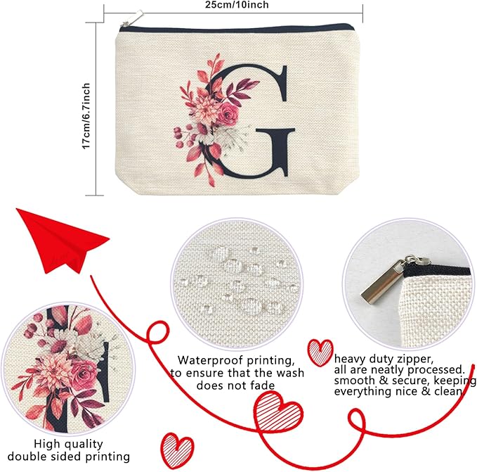 Initial A-Z Personalized Floral Makeup Bag, Monogrammed Birthday Gifts for Women Mom, Mothers Day Christmas Gift Ideas for Best Friend, Bride Bridesmaid, Her, Grandma, Small Travel Cosmetic Bag (G)