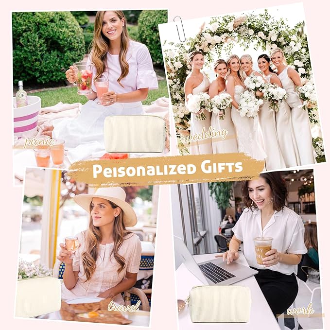 SOIDRAM 6PCS Bridesmaid Proposal Gifts Corduroy Beige makeup bag bulk for Wedding Party Favors Bachelorette party decorations Toiletry Organizer Bag Cosmetic Case Gift