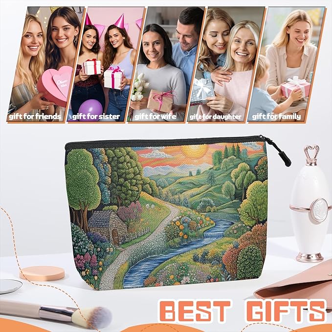 Cosmetic Bags Travel Makeup Toilet Case Waterproof Pouch for Women Girls 6.7X9.45inches - Idyllic Country Landscape With Path And Sun
