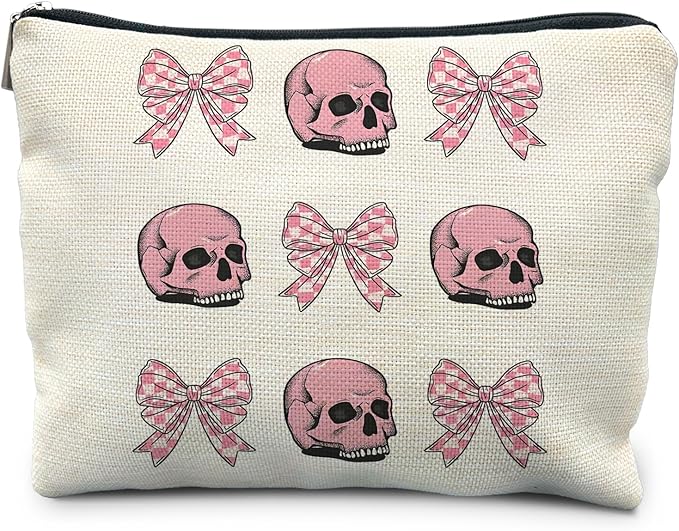 Goth Gothic Makeup Bag With Pink Bow - Skull Cosmetic Bag for Women, Girly, Cute Gothic Accessory for Skull Lovers