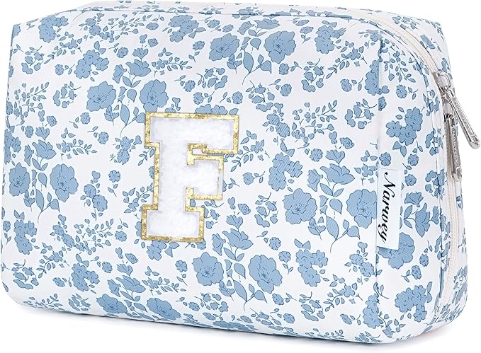 Narwey Birthday Gifts for Teen Girls Kids Women Personalized Initial Floral Makeup Bag Cute Cosmetic Trendy Stuff 6 8 10 11 12 13 14 16 18 Years Old Travel Toiletry Bag (Little Blue Flower F)