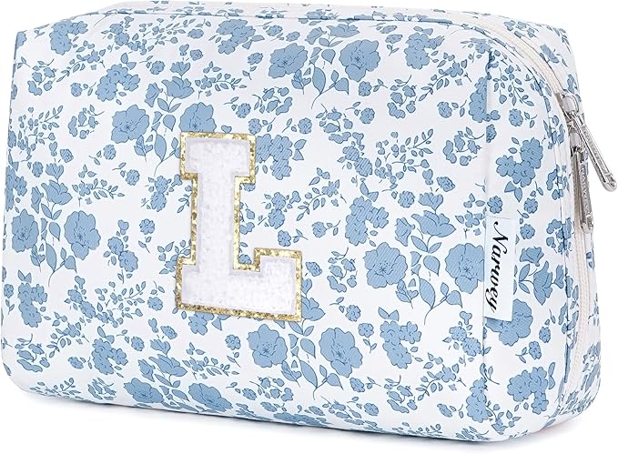 Narwey Birthday Gifts for Teen Girls Kids Women Personalized Initial Floral Makeup Bag Cute Cosmetic Trendy Stuff 6 8 10 11 12 13 14 16 18 Years Old Travel Toiletry Bag (Little Blue Flower L)