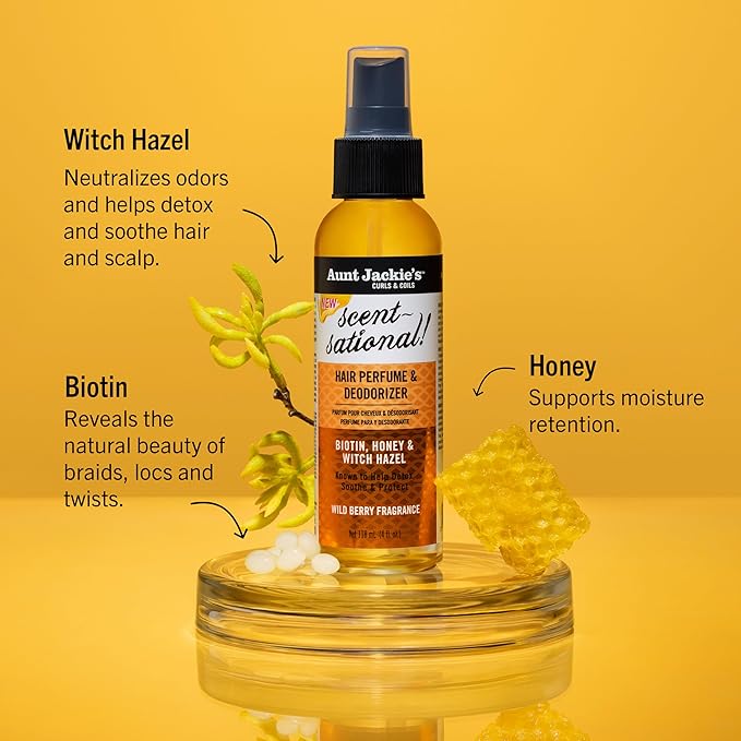 Aunt Jackie's Braid + Twist Collection Scent-Sational Hair Perfume & Deodorizer – Neutralize Odors and Refresh Hair with Witch Hazel, Biotin, and Honey – 4 fl oz