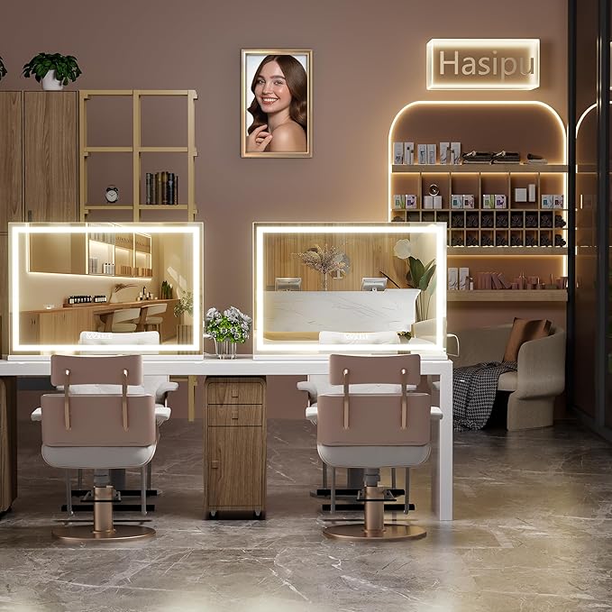 Hasipu Vanity Mirror with Lights and Bluetooth Speaker, 37" x 25.6" LED Makeup Mirror, Lighted Makeup Mirror with Dimmable 3 Modes, Touch Screen Control Vanity Mirror Square White
