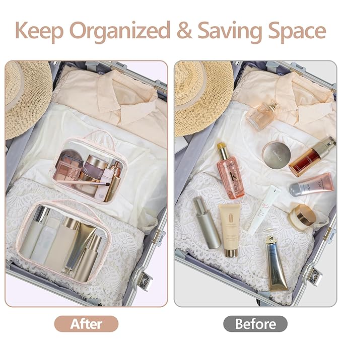 PACKISM Clear Makeup Bag - 2 Pack TSA Approved Toiletry Bag with Handle and 180° Large Opening, Sturdy Clear Toiletry Bag Fit Carry-on Travel Essential, Travel Bags for Toiletries, Pink Ditsy Floral