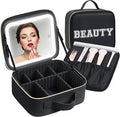 Makeup Bag with LED Mirror – Travel Cosmetic Organizer with Lighted Mirror, Adjustable Dividers & Brush Holder Storage – Portable PU Leather Makeup Case for Women & Girls - Black