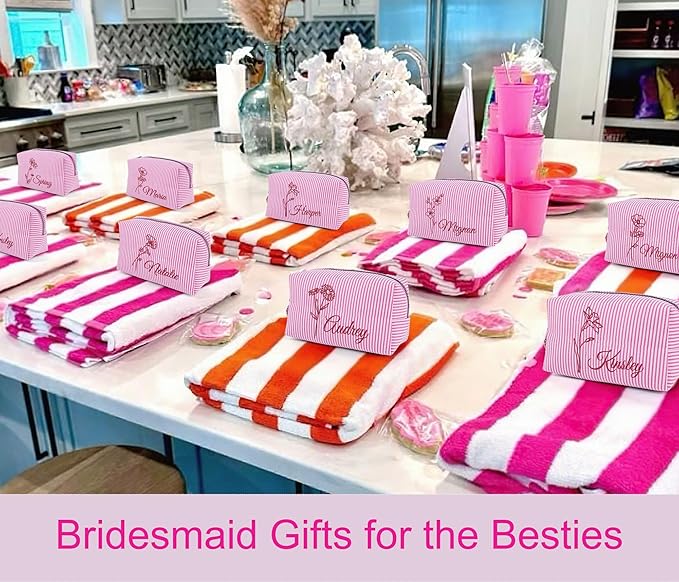 DayOfShe Personalized Makeup Bag Embroidered with Name&Birth Flower for Birthday Bridesmaids Gifts, Custom Seersucker Cosmetic Toiletry Bags Stocking Stuffers for Teen Girls Women Gifts