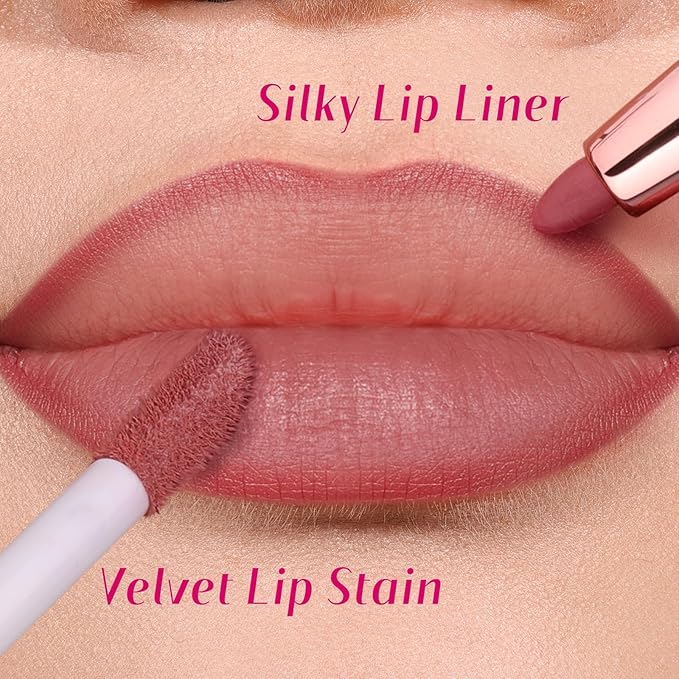 bayfree 2 PCS Lip Liner and Lip Stain Combo Set, High Pigmented Long Lasting Velvet Lip Tint, Well-Defined Lipliner, Weightless Waterproof Not Animal Tested, Matte Finish Makeup