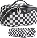 BOYATU Travel Makeup Bag Cosmetic Bags for Women: Large Make up Bags Set of 3 - Portable Makeup Organizer with Compartments&Handle&Divider - Waterproof PU Leather Toiletry Bag(A-5-Checkered Mix Black)