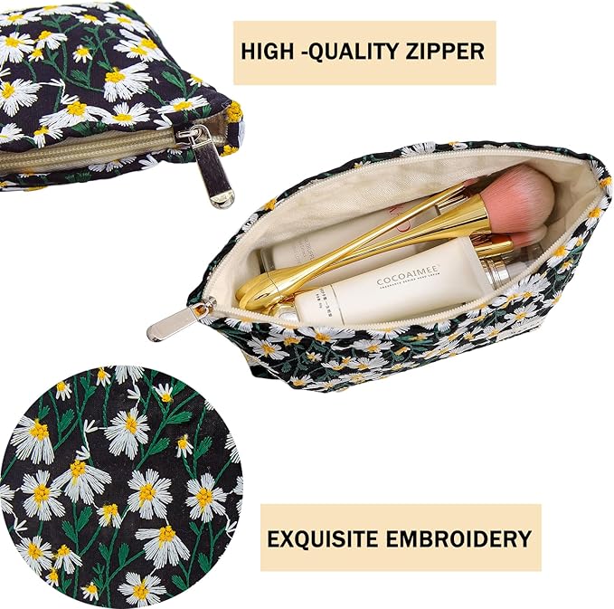 2 Pcs Makeup Bags, Large Cosmetic Bag Travel Toiletry Bag Organizer for Women, Embroidery Craft, Floral Makeup Bag Small Cosmetic Pouch Purse with Zipper Gifts for Girls Teen