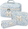 Initial Makeup Bag Set, Personalized Quilted Makeup Bag, Large Floral Cosmetic Bag for Women, Cute Cotton Custom Make up Bags, Flower Travel Toiletry Bag Teen Girl Gift Blue Flower M