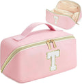 for Christmas Day Gifts, Makeup Bag for Women, PU Leather Travel Toiletry Bags, Initial Make Up Cosmetic Pouch for Teen Girls, Wide Open Portable Skincare Bag, Personalized Birthday Gifts, Pink T