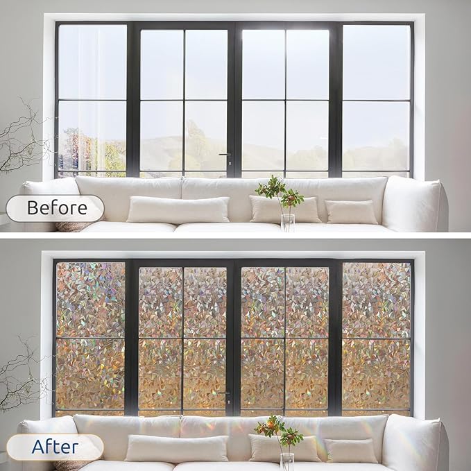 rabbitgoo Window Privacy Film Rainbow Film Decorative Window Sticker, 3D Static Stained Glass Cling Tint for Home Heat Control Non-Adhesive, Brown, 23.6 x 118.1 inches