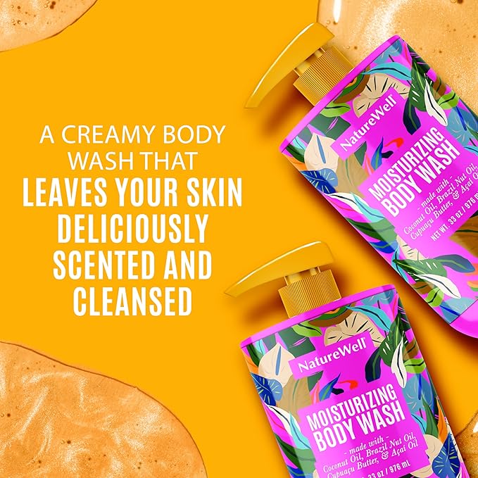 NATURE WELL Cheeky Moisturizing Body Wash, Creamy Formula Infused with Cupuaçu Butter, Provides Gentle Cleansing & Intense Hydration, Deliciously Sweet & Warm Brazilian Nut Oil Scent, 33 oz