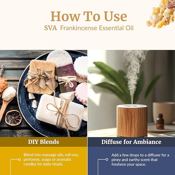 SVA Frankincense Essential Oil – 1/3 Fl Oz – 100% Natural Boswellia Carterii Oil - for Diffuser, Hair Care, Face, Skin Care, Aromatherapy, Scalp and Body Massage, Soap and Candle Making